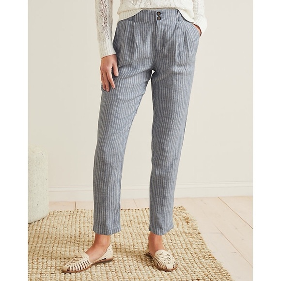 Garnet Hill NEW Straight-Leg Linen Pleated Trousers in Indigo Sky Mini Stripe 6 - Picture 1 of 13
